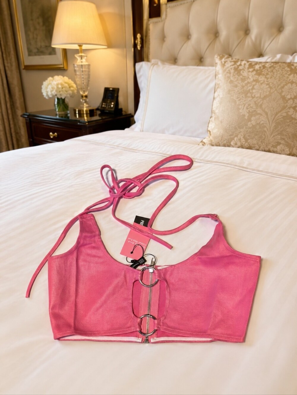 PrettyLittleThing Pink Coated Denim Ring Detail Tie Neck Bralette